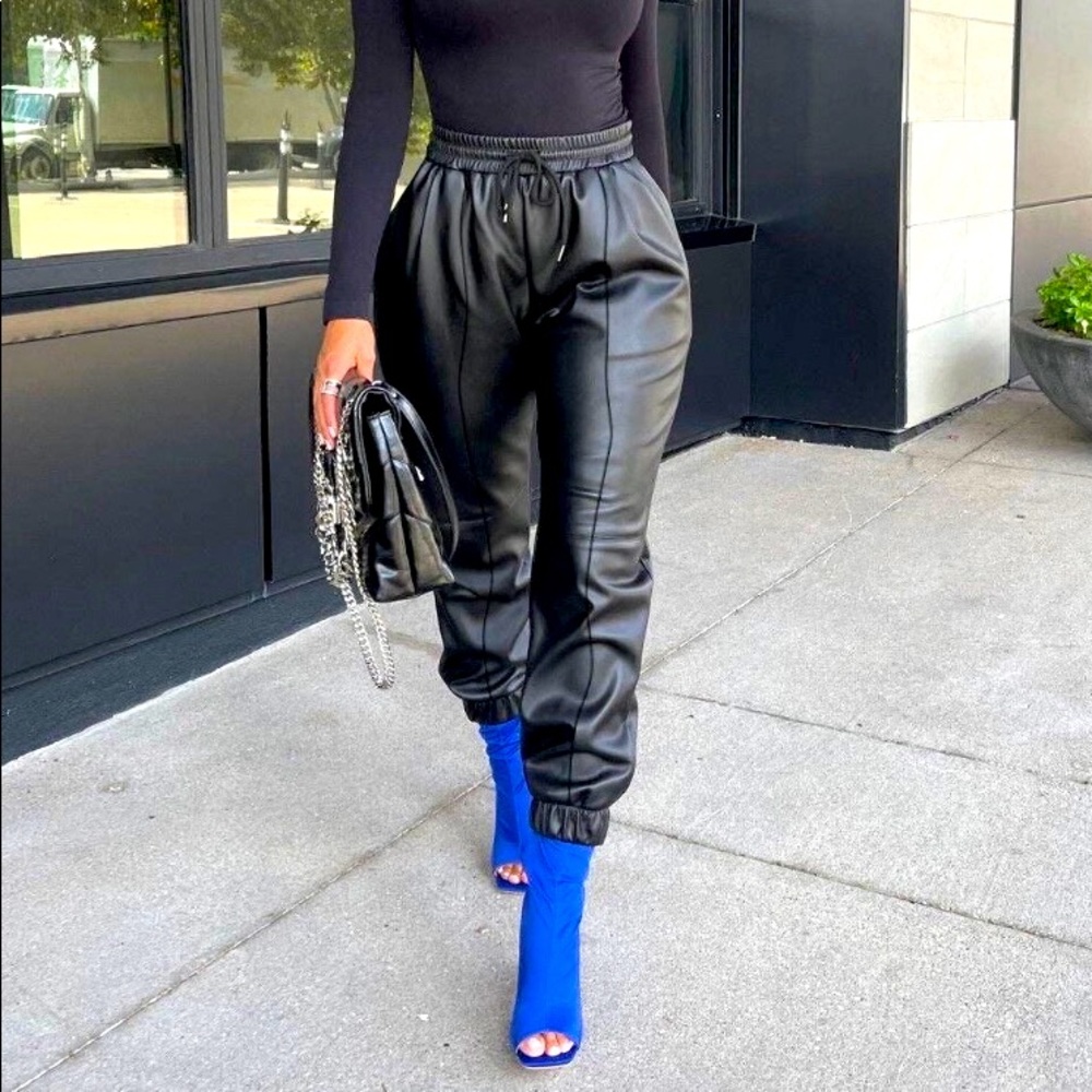 PU Leather Joggers Drawstring Pants